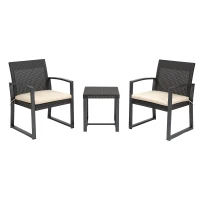 Outsunny Outdoor Garden PP Rattan Style Bistro Set, 3 PCS Patio Side Table Set w/ 2 Cushioned Single Chairs Conservatory Furniture, Brown(m-1)