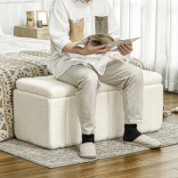 HOMCOM Opbergbank met Zacht Teddypluche, Gestoffeerde Bank met Houten Frame, Bedbank met Opbergruimte, Schoenenbank voor Slaapkamer, Woonkamer en Hal, 102 x 45 x 46 cm, Crèmewit(m-2)