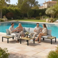 Outsunny Salon de Jardin Modulaire 6 Pièces Ensemble Canapé Extérieur Transformable en Lit Table Basse et Plateaux Latéraux Gris(m-9)