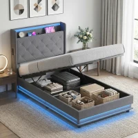 HOMCOM 3ft Single Bed Frame with Headboard, Platform Bed Frame with Hydraulic Storage, LED Lights and Charging Station, Grey(m-10)
