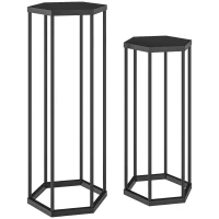 Outsunny Lot de 2 supports pour plantes, tabouret à fleurs hexagonal en métal, intérieur et extérieur, noir(m-1)