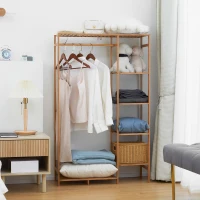 HOMCOM Perchero de Pie de Bambú Perchero para Ropa con Estantes de Almacenamiento y Varilla Colgante 90x30x145 cm Natural(m-10)