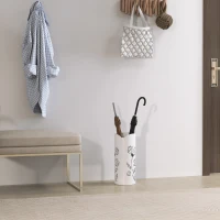 HOMCOM Suporte para Guarda Chuva em Aço com 4 Ganchos Bandeja de Gotejamento Amovível para Entrada ou Escritório Branco 17x17x41 cm(m-10)