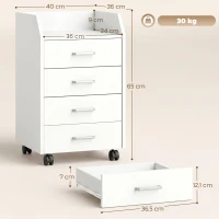 Vinsetto Cassettiera da Ufficio in Legno con 4 Cassetti, Ruote e Bordi Rialzati, 40x36x65cm, Bianco(m-3)