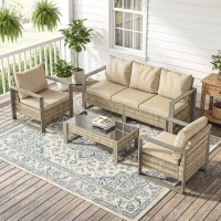 Outsunny 4 Piece Rattan Garden Furniture Set with 3-Seater Sofa, Armchairs, Table, Aluminium Frame Patio Conversation Set, Khaki(m-10)