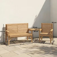 Outsunny Wooden Garden Furniture Set , 1 Chair, 1 Bench and Detachable Table, Natural Wood Finish(m-3)