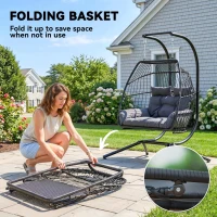 Outsunny Rattan Double Hanging Egg Chair with Stand, Foldable Wicker Swing Egg Chair with Cushion, Head Pillows, Steel Frame, Hammock Chair for Indoor Outdoor, Capacity 260 kg, Dark Grey(m-7)