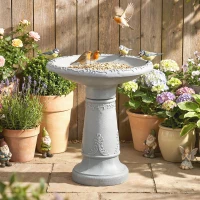 Outsunny Vogelbad van hars voor buiten, rond vogelbad 51 cm met steenlook, vrijstaand voeder- en drinkstation voor vogels, Grijs(m-8)