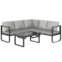 Outsunny Salon de jardin extérieur 3 pièces en L avec canapés et table basse en verre, assise réglable 5 positions, gris(m-1)