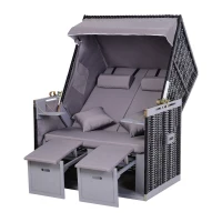 Outsunny Corbeille de plage 2 places pliable - Cabine chaise de plage inclinable - abri plage strandkorb - coussins, repose-pieds, tablettes, pare-soleil - bois résine tressée polyester gris(m-15)