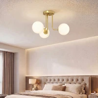 HOMCOM Plafonnier LED 25W, luminaire plafonnier 3 lumières avec douilles G9, abat-jour globe, 42 x 42 x 26,5 cm, doré(m-10)