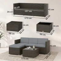 Outsunny 3 Pieces Garden Furniture Set w/ Cushions, PE Rattan Wicker Conversation Corner Sofa Set, Light Grey(m-3)