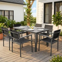 Outsunny Garden Dining Set with Acacia Wood Table Top, Outdoor Table and Stackable Chairs Set for 6 with Texteline Seat, Grey(m-9)