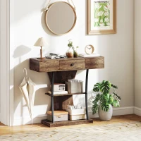 HOMCOM Console Table, 3-Tier Industrial Hallway Table with Drawer, Storage Shelves, 91 x 32 x 87 cm, Rustic Brown(m-10)