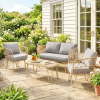 Outsunny Ensemble salon de jardin canapé 2 places + 2 fauteuils + 1 table basse plateau verre trempé 7 coussins gris(m-10)