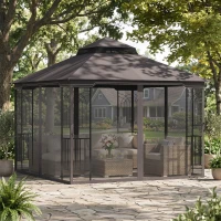 Outsunny Gazebo da Giardino 3x3m con Zanzariera e Tetto a 2 Livelli, Mensole Laterali e Ganci, Caffè(m-9)