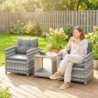 Outsunny Rattan Bistro Set, 3 Piece Garden Furniture Set with 2 Tier Glass Top Table and Cushions, Mixed Grey(m-10)