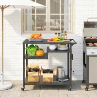 Outsunny Outdoor Grill Cart, Three-Tier Pizza Oven Stand  with Steel Tabletop, Hooks, Rubbish Bag Holder, Wheels, Black(m-10)