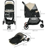PawHut Opvouwbare Huisdierenbuggy met Regenhoes, 2 Drankhouders, Blauw + Khaki(m-3)