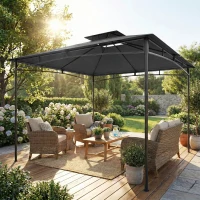 Outsunny Gazebo da Giardino 3x3 m con Doppio Tetto, in Metallo e Poliestere Grigio Scuro(m-10)