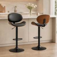 HOMCOM, Set de 2 Scaune de Bar, Cu Spătar Reglabile pe Înălțime, PU, oțel, 53x52x96-116 cm, Negru(m-2)