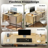HOMCOM Inklapbare computertafel met 2 uitklapbladen, veel ruimte voor monitoren, metalen poten, stevige constructie, eikenlook + zwart(m-4)
