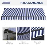 Outsunny Zonneluifel Luifel voor Terras, incl. Handkruk, weerbestendig, 247 cm x 295 cm, Blauw + Wit(m-8)
