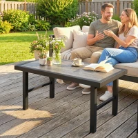 Outsunny Metal Garden Coffee Table, Outdoor Side Table with SPC Woodgrain Tabletop for Outside, 100 x 52 x 46cm, Dark Grey(m-10)