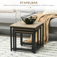 HOMCOM Set van 3 bijzettafels, industrieel ontwerp, zwart stalen frame, tafelblad met houteffect(m-4)