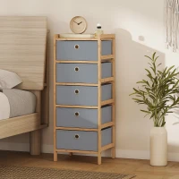 HOMCOM Chest of Drawers, 5 Fabric Drawers Narrow Dresser with Bamboo Frame, Light Grey(m-10)