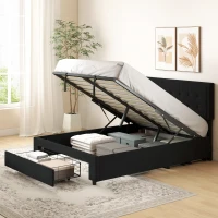 HOMCOM 4ft6 Double Ottoman Bed Frame, with Front Drawer - Black(m-10)