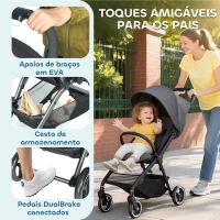 AIYAPLAY Carrinho de Bebé Dobrável com Encosto Reclinável Apoio para os Pés Ajustável Capota Cesto e Arnês Carga 15 kg Cinza Escuro(m-6)