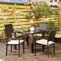 Outsunny Conjunto de Muebles de Ratán Sintético de Jardín Mesa con Encimera de Cristal y 4 Sillas para Exterior Marrón(m-10)