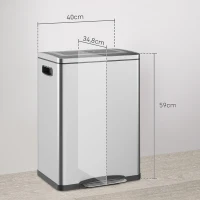 HOMCOM Prullenbak met Deksel en Voetpedaal, Roestvrij Staal, 2x 20 Liter Compartimenten, Zilver(m-3)