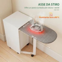 HOMCOM Mobile Stiro Pieghevole a Ruote con Mensola Regolabile e Chiusura Morbida, in Legno e Tessuto, 128x43x83 cm, Bianco(m-5)