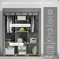 HOMCOM Guardaroba in Tessuto non Tessuto e Acciaio con 8 Ripiani e 2 Barre, 125x43x162.5 cm, Grigio Carbone(m-4)