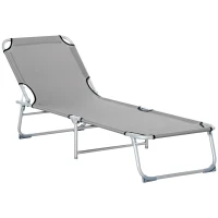 Outsunny Reclining Sun Lounger Chair Folding Camping Bed with 4-Position Adjustable Backrest, Grey(m-11)