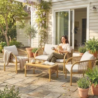 Outsunny Salon de Jardin Extérieur 4 Pièces avec Canapé 2 Fauteuils Table Coussins, Acier Résine Tressée, 120x72x73cm, Kaki(m-9)