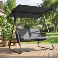 Outsunny Balancelle de jardin 2 places en résine tressée, balançoire extérieure avec toit réglable et coussin épais, gris(m-2)
