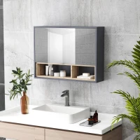 HOMCOM Dulap Baie cu Oglindă, 3 Uși, 8 Compartimente și Uși cu Amortizare, 80x20x60 cm, Gri(m-10)