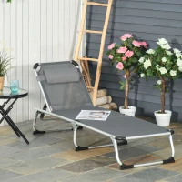 Outsunny Espreguiçadeira de Jardim Dobrável com Apoio para a Cabeça Removível e Encosto Ajustável em 4 Posições para Jardim Terraço Campismo Exterior 170x60x76cm Cinza(m-10)