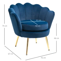 HOMCOM Fauteuil salon fauteuil en velours fauteuil coquillage avec pieds en métal doré pour chambre à coucher, bleu(m-3)