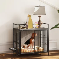 PawHut Dog Crate Furniture with Rotating Bowl Holder, 2 Bowls, 2 Doors, for Medium Dogs, 80 x 56 x 76.5 cm, Grey(m-10)