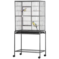 PawHut Jaula para Pájaros con Ruedas Pajarera Metálica con Perchas Comederos y Estante 81x48x162,5 cm Negro y Gris(m-11)