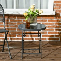 Outsunny Φ45cm Garden Side Table, Outdoor Round Folding Patio Table with Imitation Marble Glass Top, Small Coffee Table, Black(m-10)