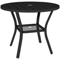 Outsunny 90 cm Garden Dining Table with 4-5 cm Parasol Hole, Round Outdoor Dining Table, Steel Garden Table with Slatted Metal Top and Wire Shelf for Balcony, Porch, Black(m-1)