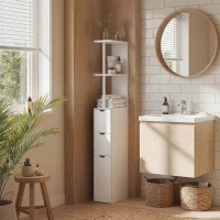 HOMCOM Colonna Bagno con Armadietto, Ripiani e Cassetti, in Legno, 15x33x136.8 cm, Bianco(m-2)