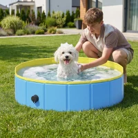 PawHut Foldable Dog Pool for Puppies and Ducks Dog Paddling Pool Bath Tub, Blue, 80 x 20 cm(m-2)
