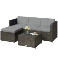 Outsunny 3 Pieces Garden Furniture Set w/ Cushions, PE Rattan Wicker Conversation Corner Sofa Set, Light Grey(m-15)