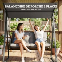 Outsunny Balancelle de jardin 2 places en résine tressée, balançoire extérieure avec toit réglable et coussin épais, gris(m-4)